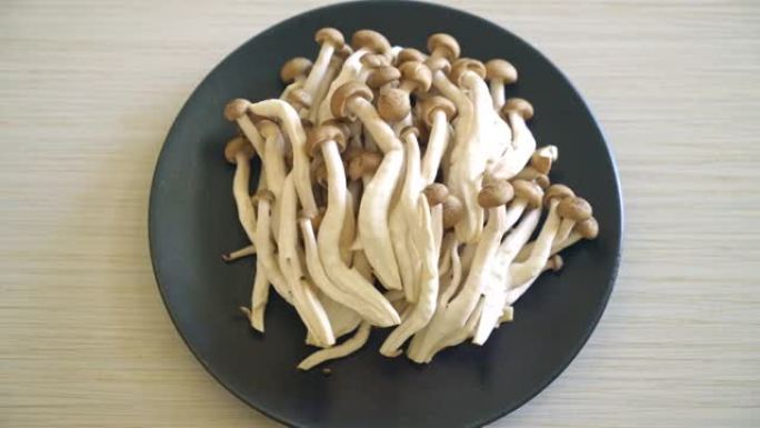 新鲜棕色山毛榉蘑菇或黑色灵芝蘑菇放在盘子上