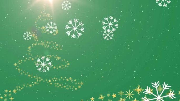 绿色背景上的圣诞树上积雪的动画