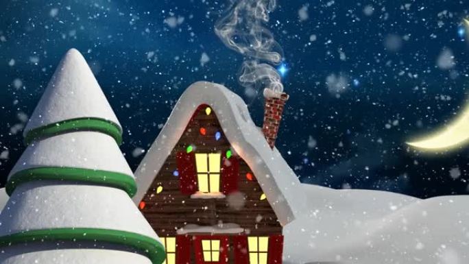 雪落在圣诞树上，并在夜空的冬季景观上