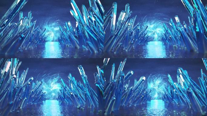 蓝色水晶矿物无缝循环3D渲染动画走道