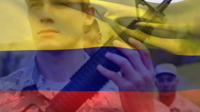 哥伦比亚国旗的动画在不同的男性士兵
