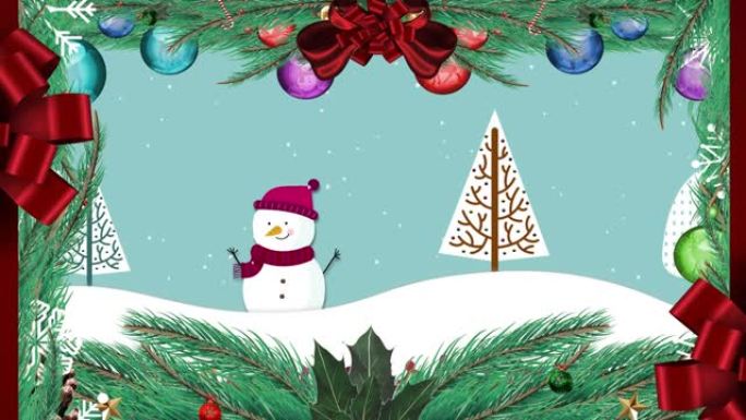 圣诞装饰品抵御雪落在冬天风景上的雪人和树木上