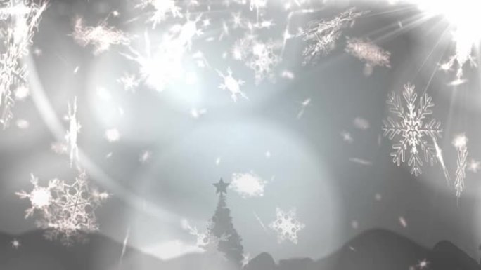 灰色背景上的圣诞节雪落在圣诞节装饰品上的动画
