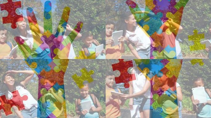 快乐玩耍的儿童身上彩色带的动画