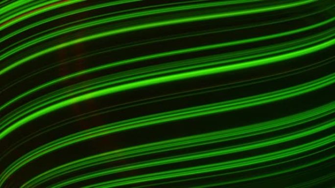黑色背景上绿色和红色的抽象霓虹灯线，无缝循环。动画。美丽的弯曲渐变条纹从上到下移动。