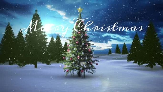 圣诞树和冬季景观上的圣诞快乐文本动画