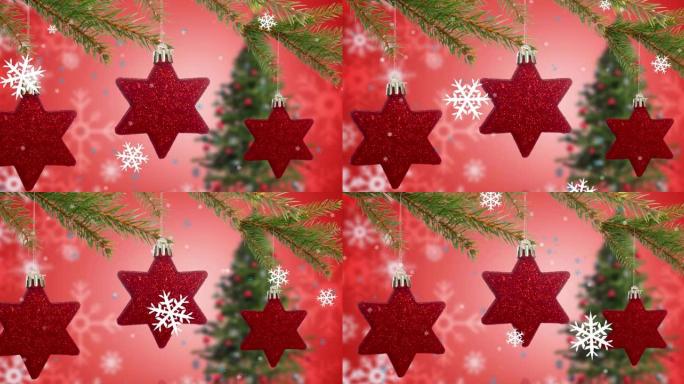 杉木树枝的动画和圣诞树上的装饰