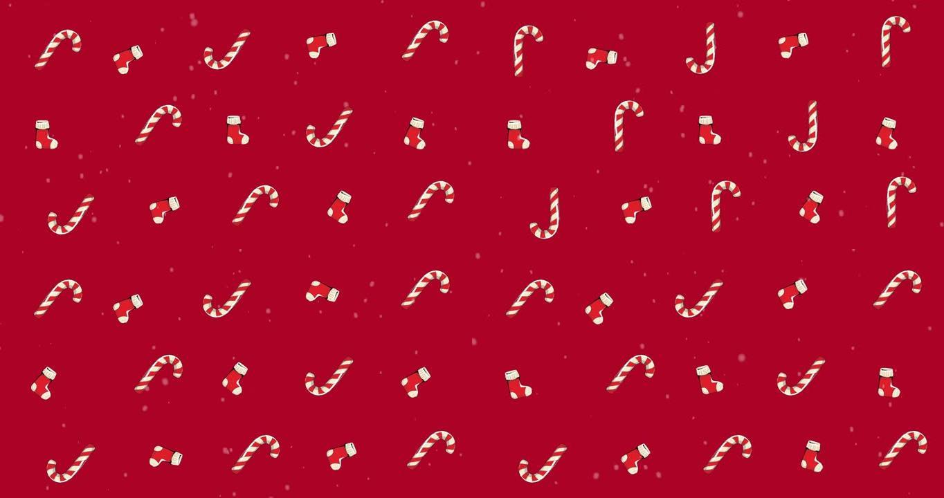 红色背景上的多只袜子和糖果手杖的动画