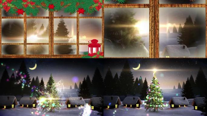 透过窗户看到的冬季风景，房屋和流星的动画
