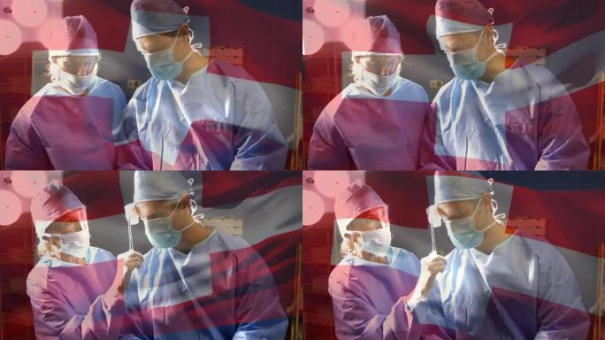 瑞士国旗在手术室中挥舞着外科医生的动画