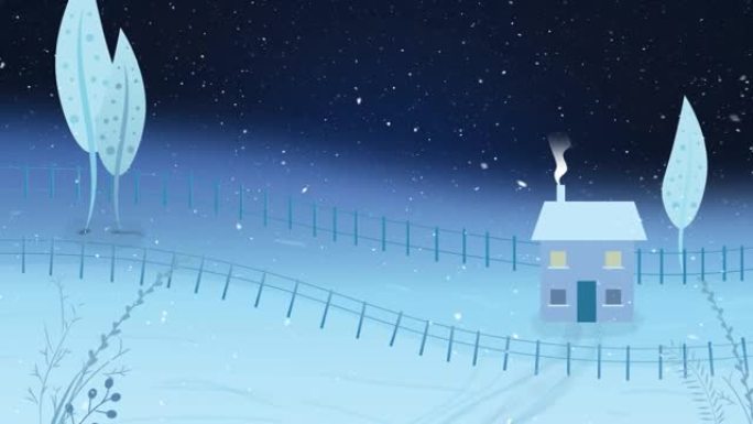 黑色背景上有房子的冬季风景动画