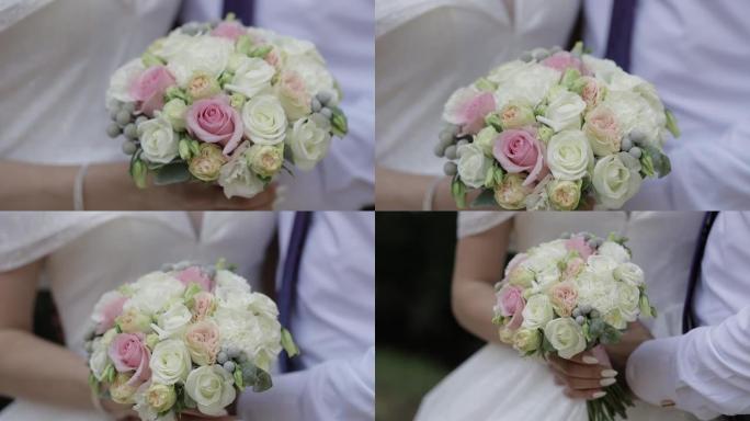 新娘手持婚礼花束，相机围绕花束移动，柔和对焦