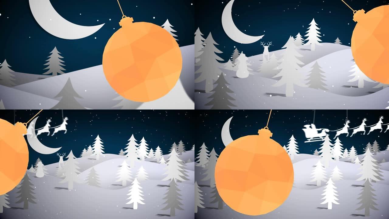 冬季景观中圣诞节雪落在摆布上的动画
