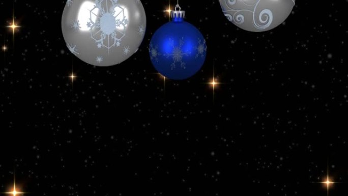 黑色背景上的星星和雪上的圣诞节气泡动画