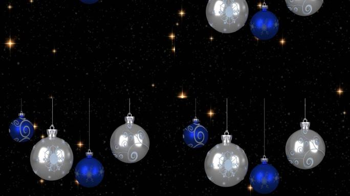 黑色背景上的星星和雪上的圣诞节气泡动画