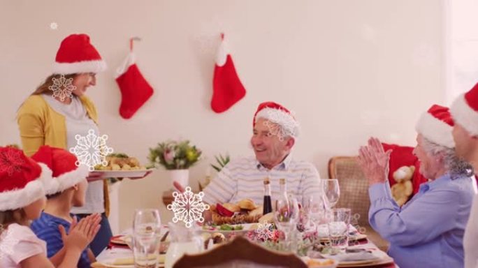 圣诞节晚餐期间，白雪落在快乐的高加索家庭上的动画