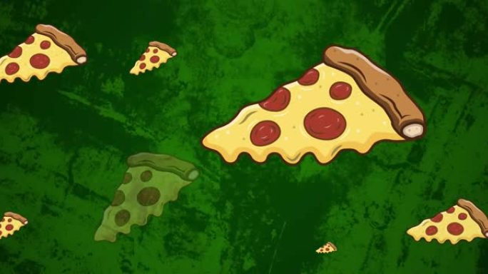 移动绿色污点背景上意大利辣香肠比萨饼切片的动画