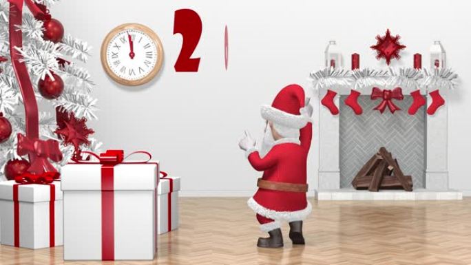 圣诞老人在圣诞树附近跳舞。圣诞快乐，新年快乐2022动画。无缝循环。圣诞动画。