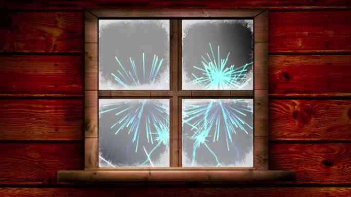 黑色背景上蓝色烟花爆炸的木制窗框
