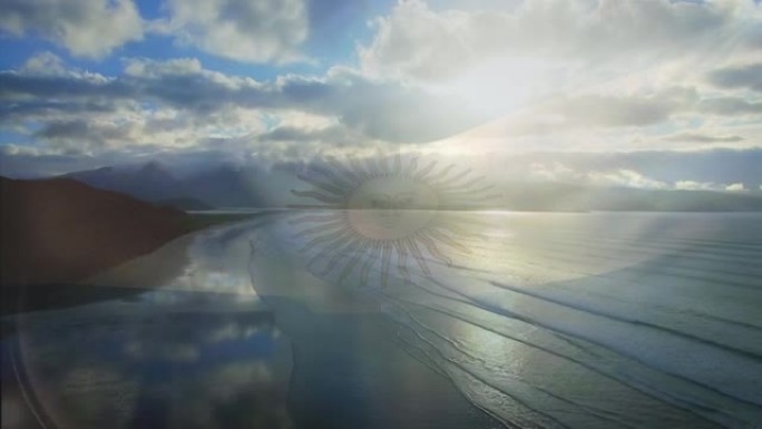 阿根廷国旗吹过海滩海景的动画