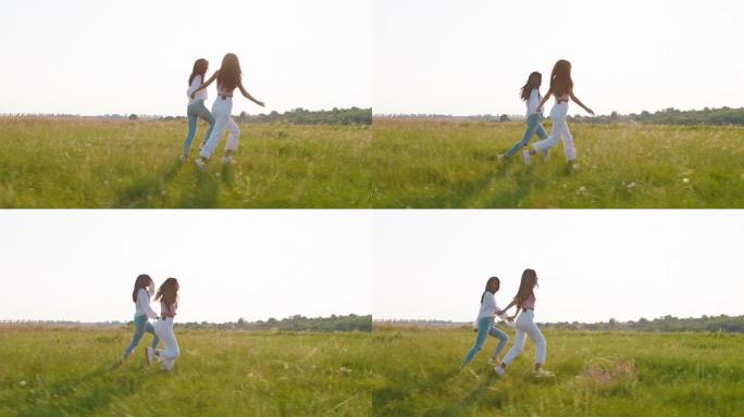 在一个大的场地中间，两位魅力非凡的女士手牵着手，快乐地跳跃和奔跑，享受着风景和一起飞驰的时刻
