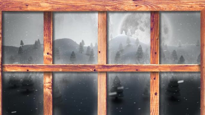 透过窗户看到的雪花和圣诞节冬季风景和月亮的动画