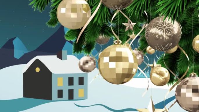 圣诞装饰品挂在圣诞树上，与房子和山的冬季景观