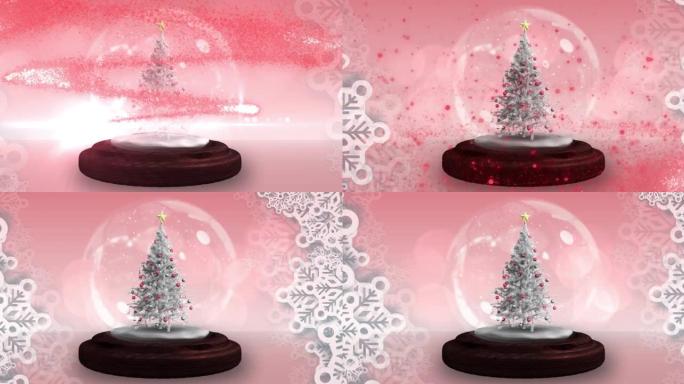 在粉红色背景下的雪花中，在雪球上的圣诞树上流星