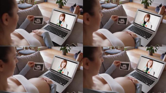 孕妇与医生进行视频会议。用8k的红氦相机拍摄