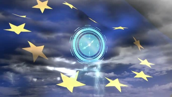 动画时钟与移动的指针在欧盟旗帜和多云的天空