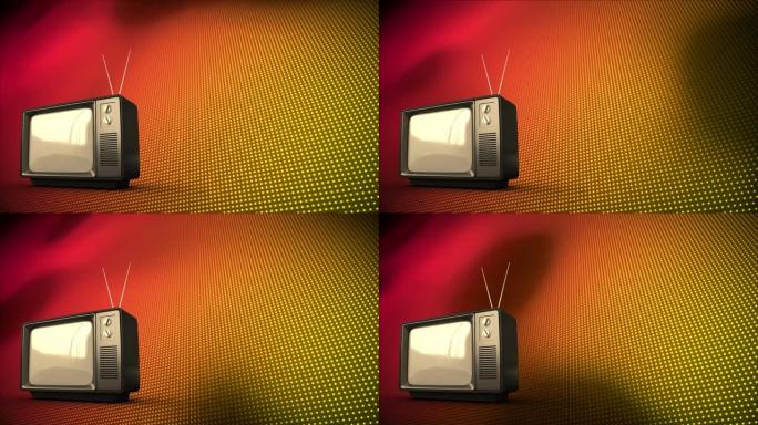 红色和黄色圆点背景上的复古电视动画