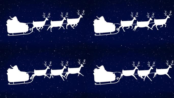 圣诞老人在雪橇上的动画，驯鹿在飘落的雪上移动