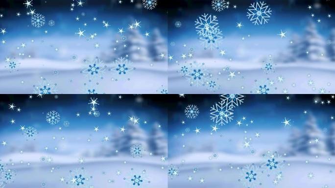 冬季景观中飘落的圣诞雪花动画