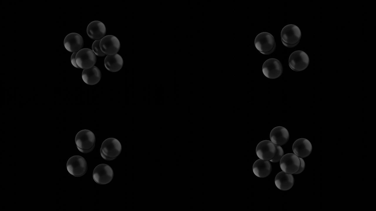 3D抽象黑球在黑色背景中旋转。创意无缝循环3D渲染运动图形对象