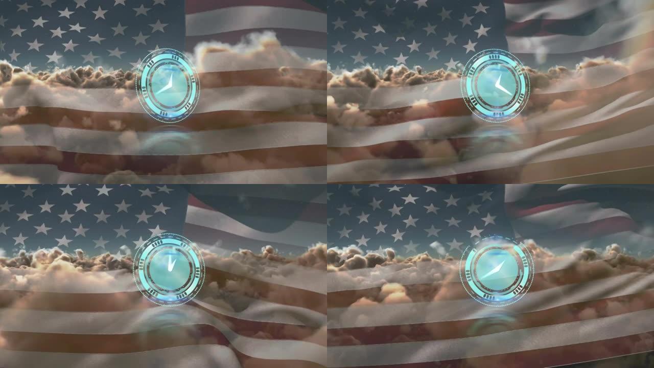 时钟的动画，双手在美国国旗和多云的天空上移动