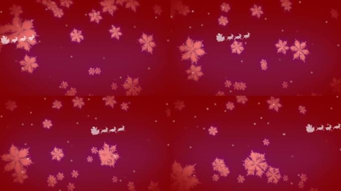 雪花漂浮在雪橇上的圣诞老人身上，被红色背景上的驯鹿拉动