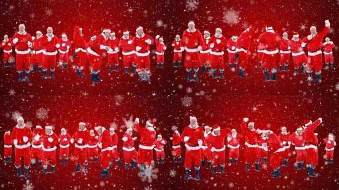 雪花落在红色背景下的多个圣诞老人上跳舞