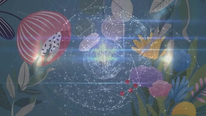 带有鲜花连接网络的地球仪动画