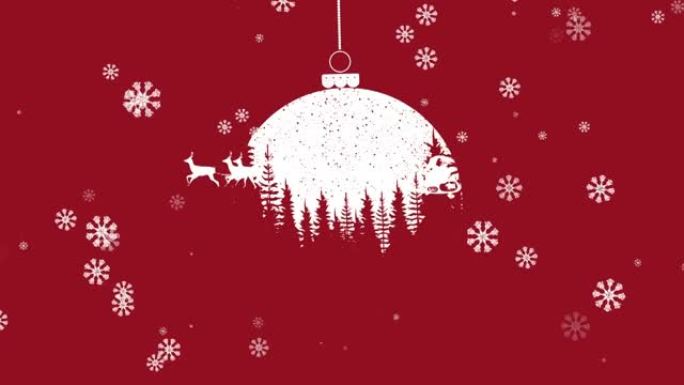 圣诞老人在雪橇上的动画，驯鹿在摆设上，红色背景上飘落的雪