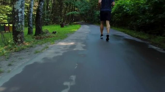 一名男子运动员在公园户外跑步，在森林周围，橡树绿草，年轻持久的运动运动员积极的运动员锻炼轨迹运动，慢