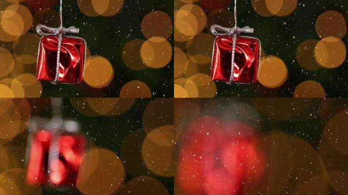 红色圣诞礼物装饰上飘雪的动画