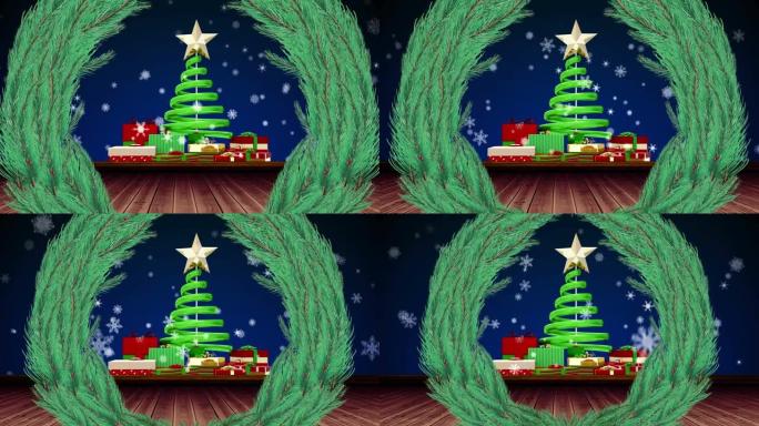 圣诞花环和雪花落在圣诞树上，蓝色背景下的礼物图标