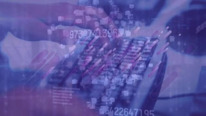 紫色背景上使用键盘的人与人之间的连接网络动画