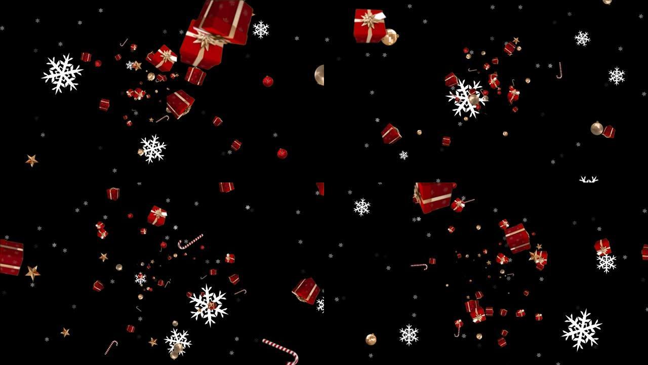 圣诞礼物和雪落在黑色背景上的动画