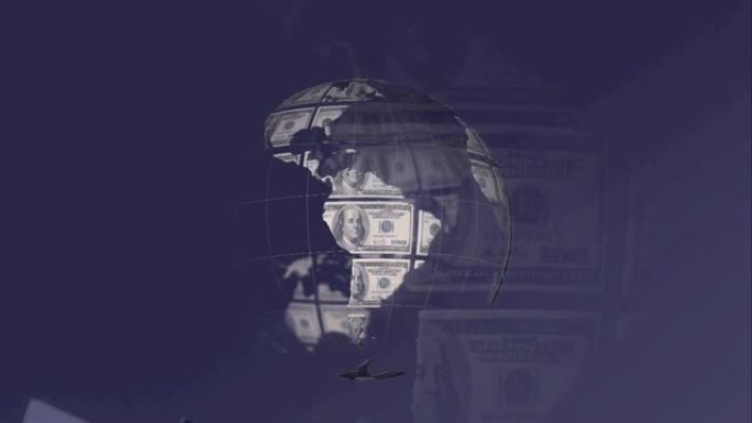 深蓝色背景上的美元制成的地球仪动画