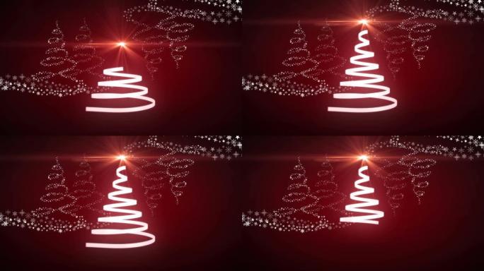 红色背景上形成圣诞树的圣诞白色丝带动画