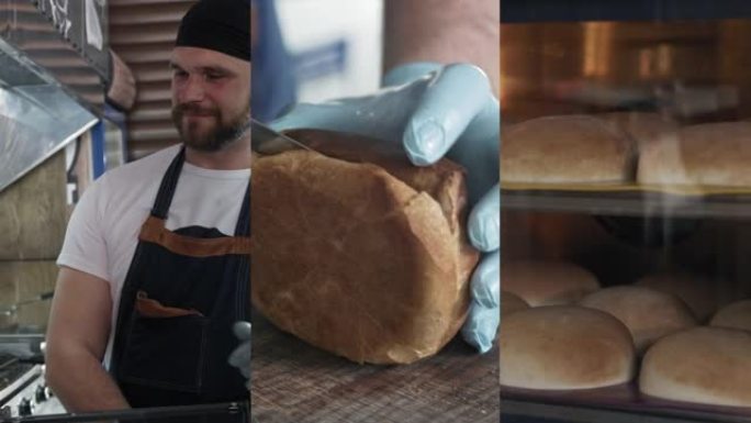 多屏男面包师将糕点从烤箱中取出，用刀将面包切开，烤盘上的面包在电炉中煮熟