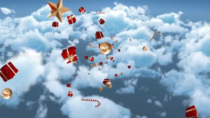 在多云的天空上落下的礼物和糖果棒的动画