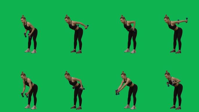 穿着运动服的年轻女子用哑铃锻炼。手部锻炼，女性健身。绿屏背景上的2合1拼贴侧视图全长。慢动作准备59