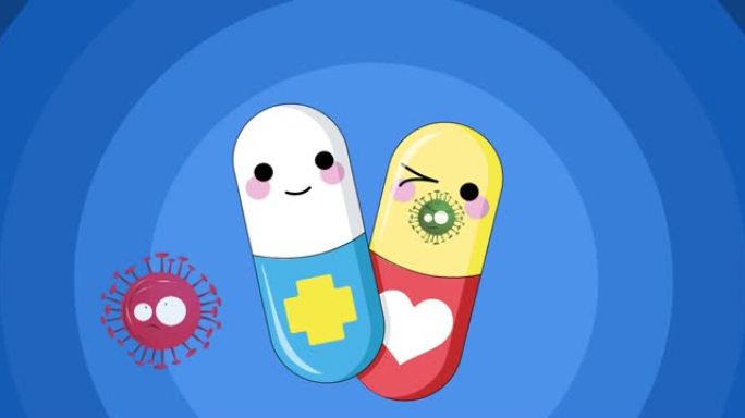 蓝色背景上的病毒细胞和微笑药丸的动画